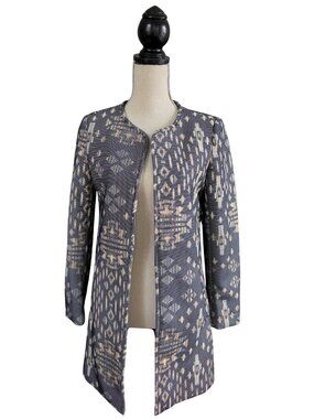 H&M Geometric Jacquard Open Front Longline Blazer Jacket Shoulder Pads Size 6